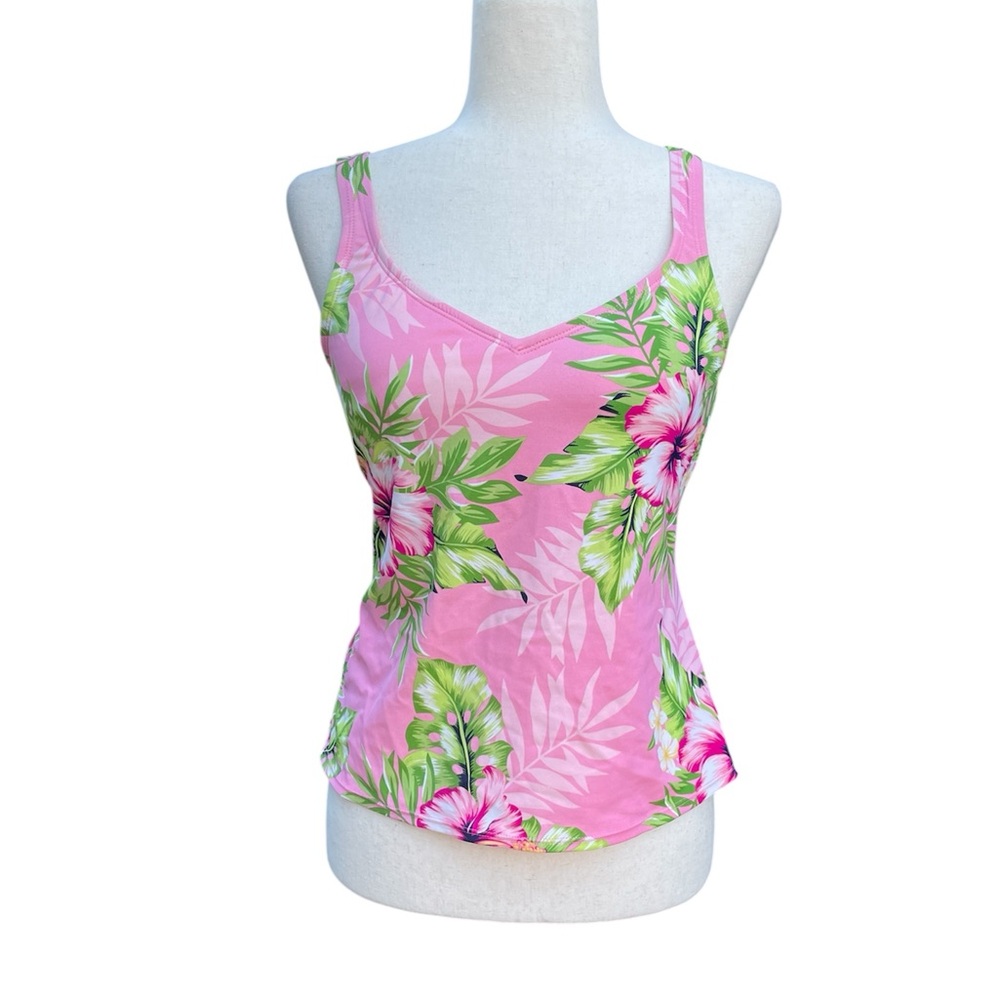 Jantzen swim tankini rash guard swim top Pink Tropical Hibiscus pattern 12